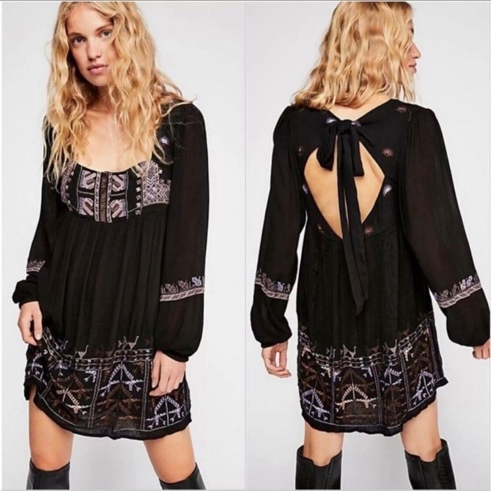 Free People Rhiannon Black Boho Western Embroidered open back bow mini dress